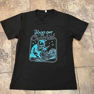 Black T-Shirt with Blue Crochet Graphic